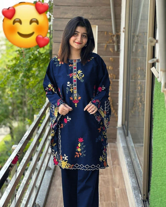 2 Pcs Women's Stitched Linen Embroidered Shirt And Trouser