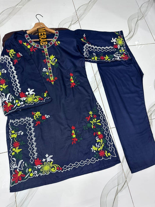 2 Pcs Women's Stitched Linen Embroidered Shirt And Trouser