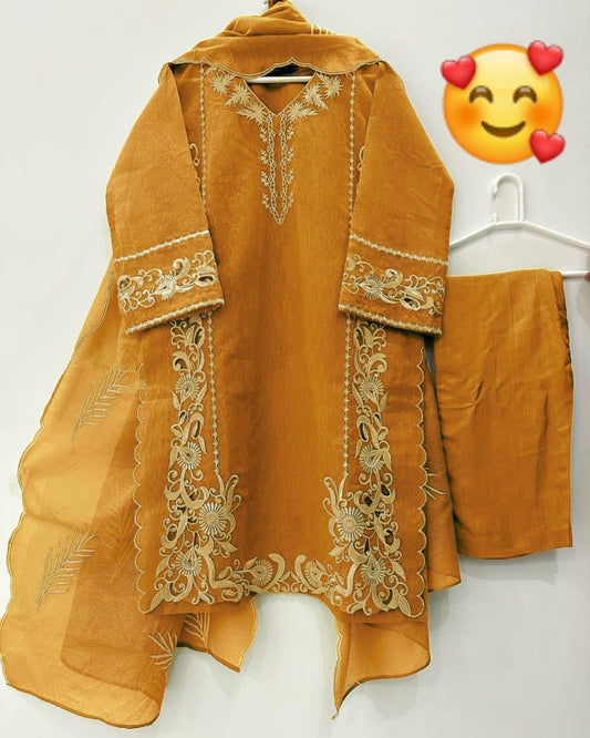 3 Pcs Women's Stitched Organza Embroidered Suit