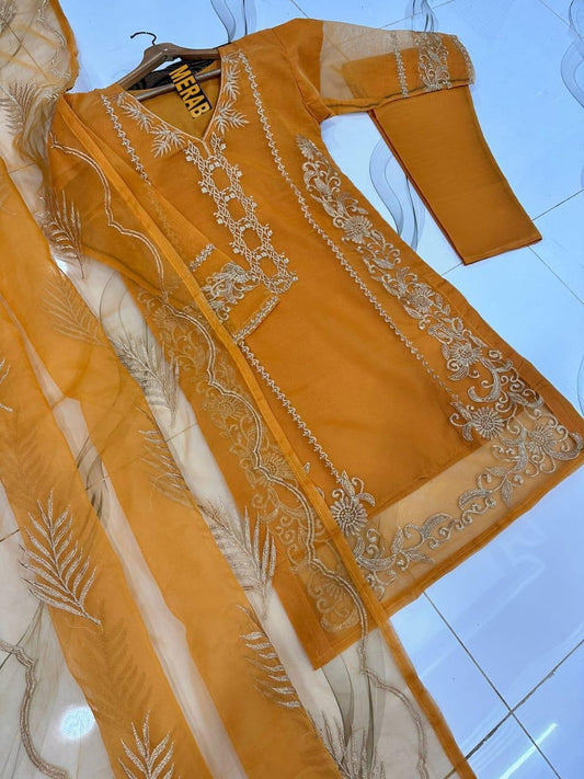 3 Pcs Women's Stitched Organza Embroidered Suit