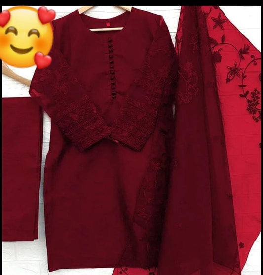3 Pcs Women's Stitched Organza Embroidered Suit
