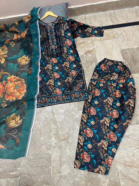 3 Pcs Women's Stitched Lawn Sequins Embroidered Suit