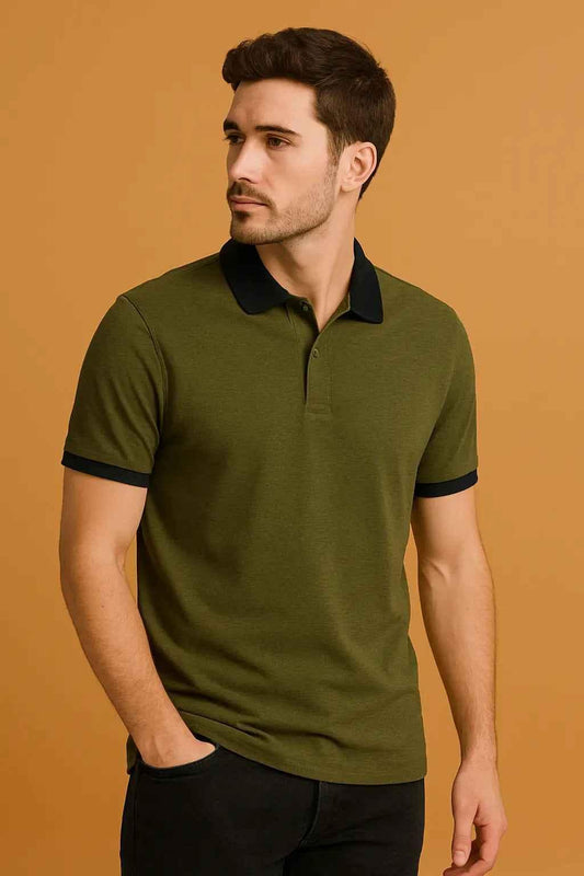 Men’s Olive Green Polo Shirt with Black Accents for Stylish Casual Wear EW-000460