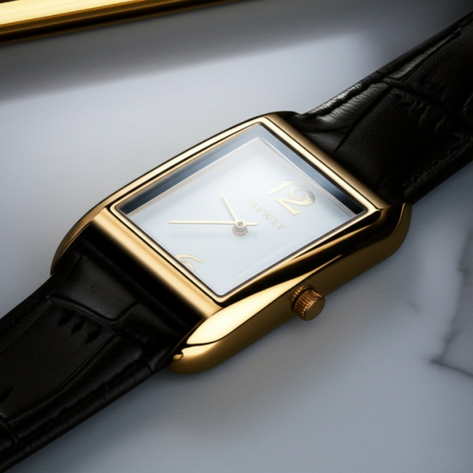 Ileway Luxury Rectangle Dial Waterproof Watch – Gold-tone Case, Black Leather Strap, Analog Display Without Box